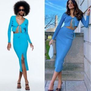 Zara blue cardigan, midi skirt, bralette set. 💙